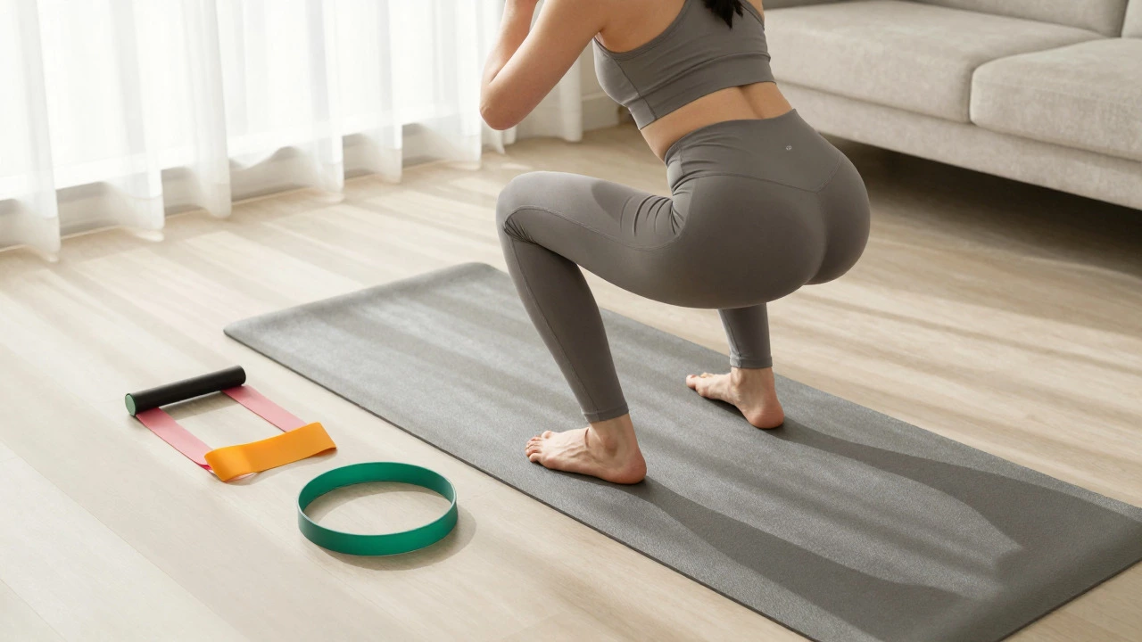 Person doing squats with resistance bands at home