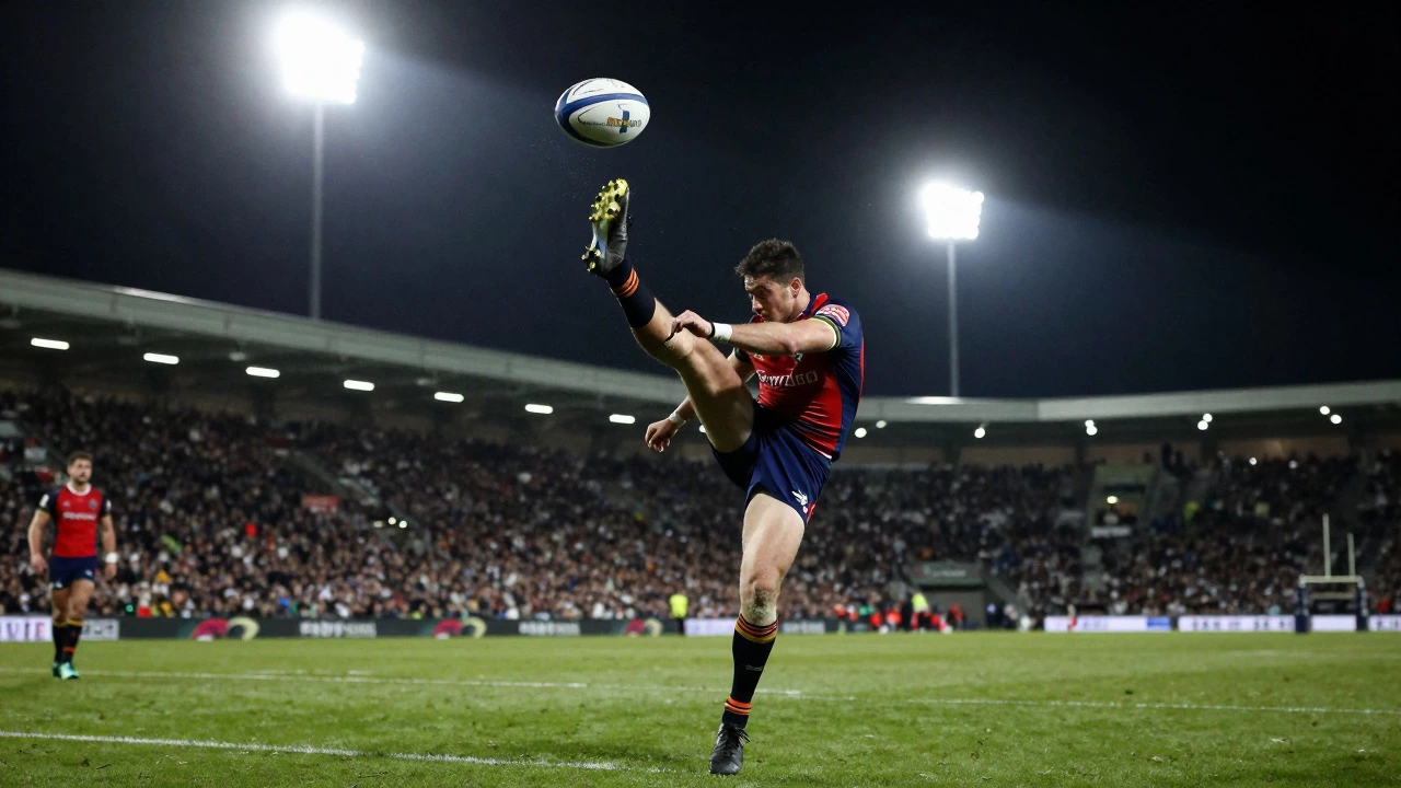 Rugby player kicking the ball during a night match under floodlights