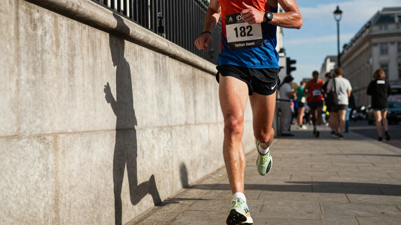 Runner straining during a race on a sunny London street