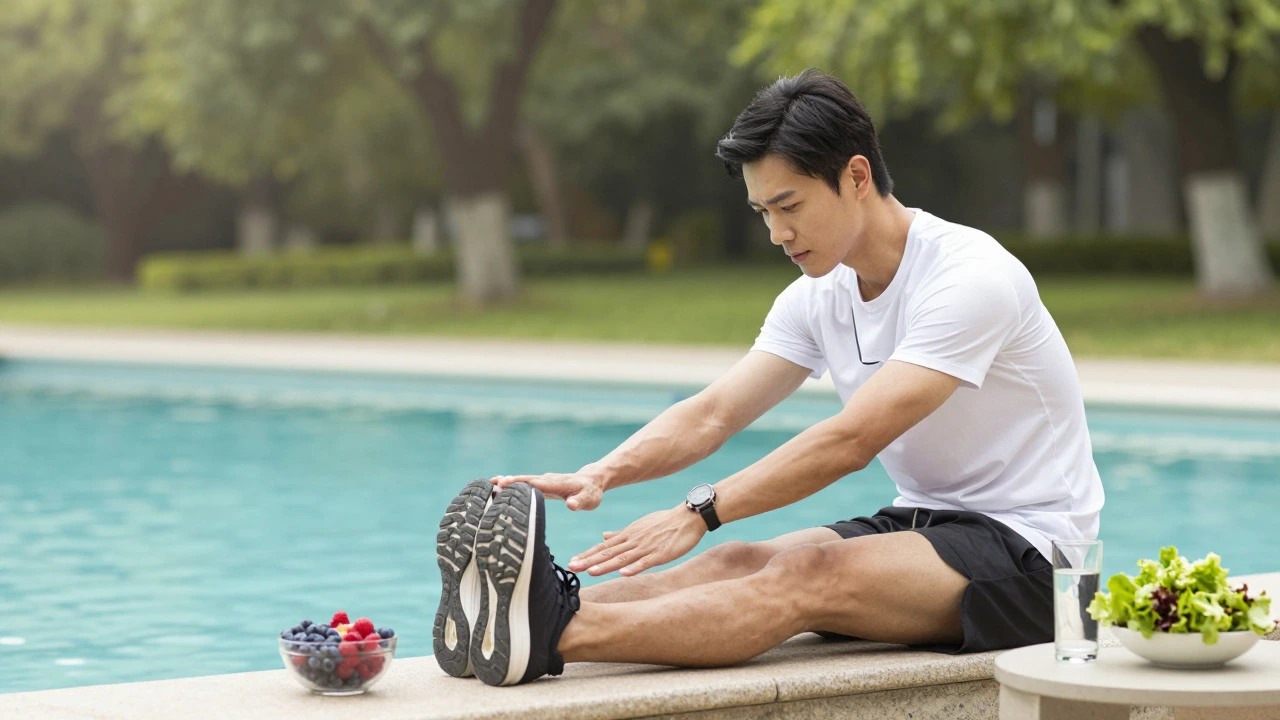 Runner stretching calmly beside a pool with healthy food items nearby