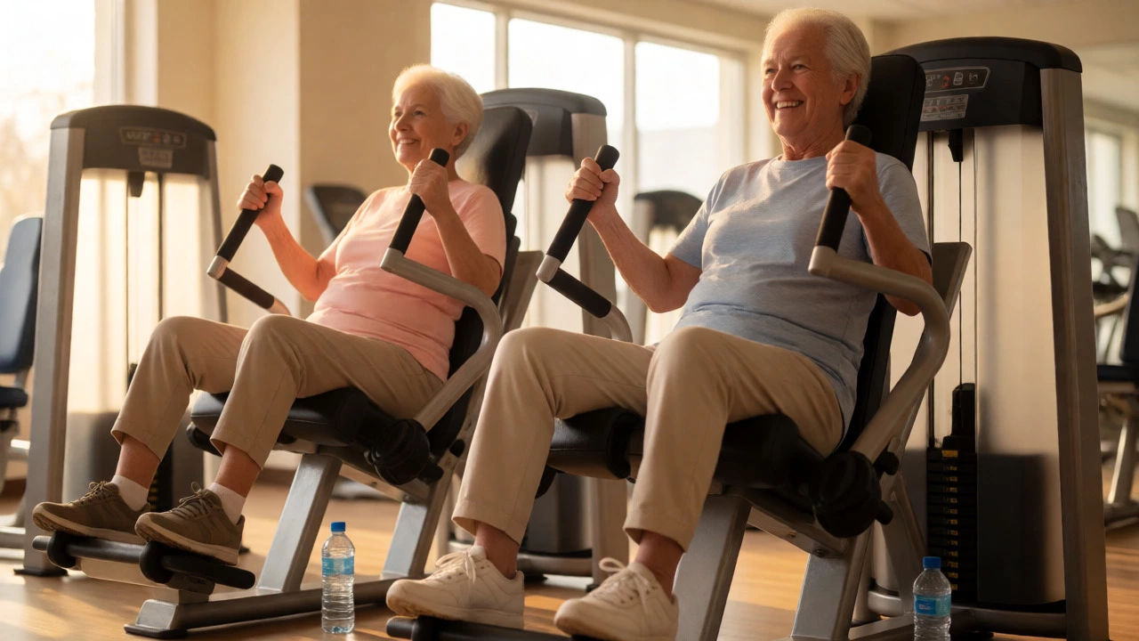 Senior couple exercising on machines with smiles in a warm gym