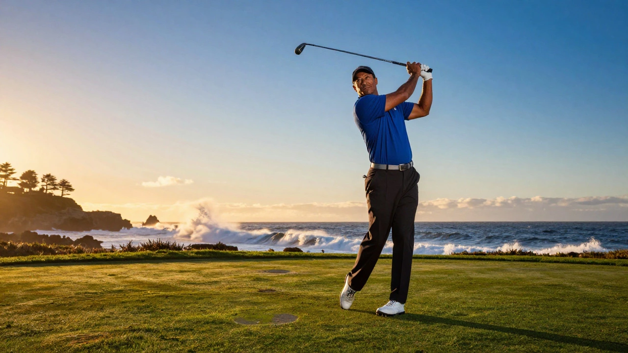 Tiger Woods teeing off at Pebble Beach during a dramatic sunset