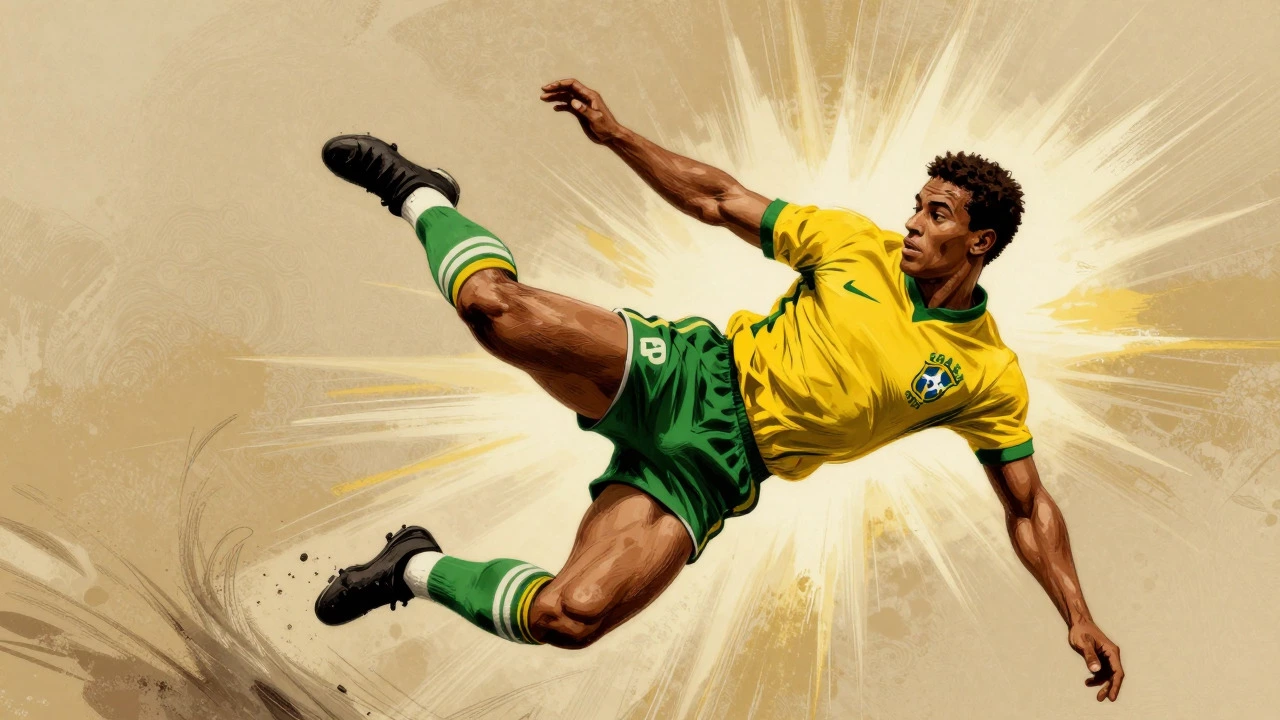 Vintage illustration of a footballer doing a bicycle kick