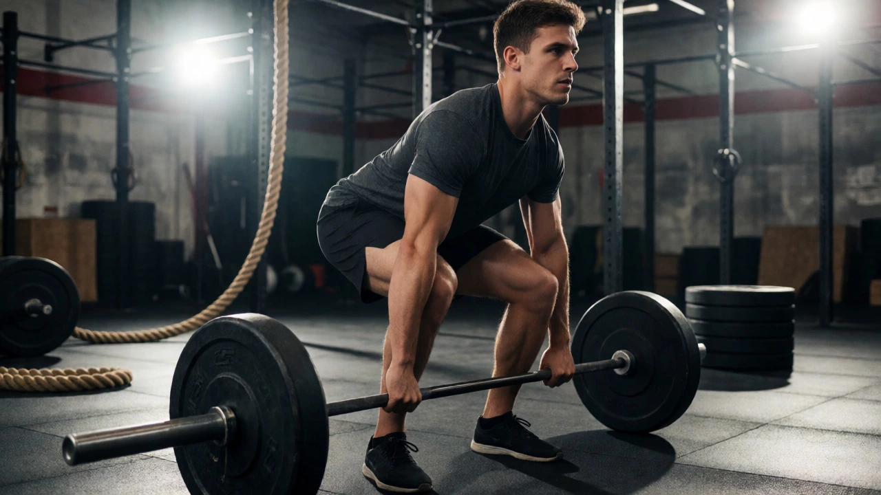 Young adult lifting heavy weights with intensity in a dynamic gym