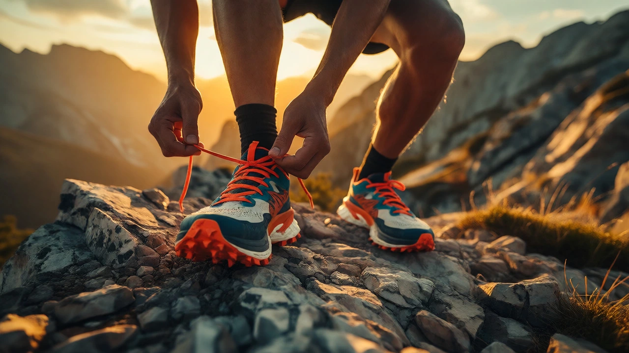 Athlete lacing up trail shoes on a rocky mountain ridge at sunset