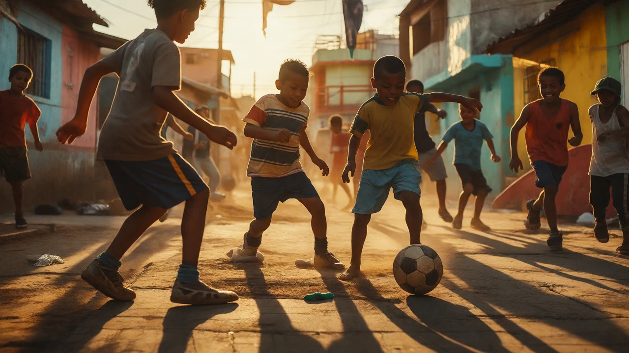 Children playing football barefoot on a dirt patch in an urban neighborhood.
