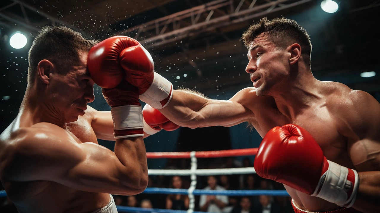 Close-up of a punch landing during an intense professional boxing round