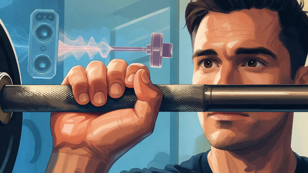 Close-up of an athlete gripping a barbell, visualizing sensory inputs for mental focus.