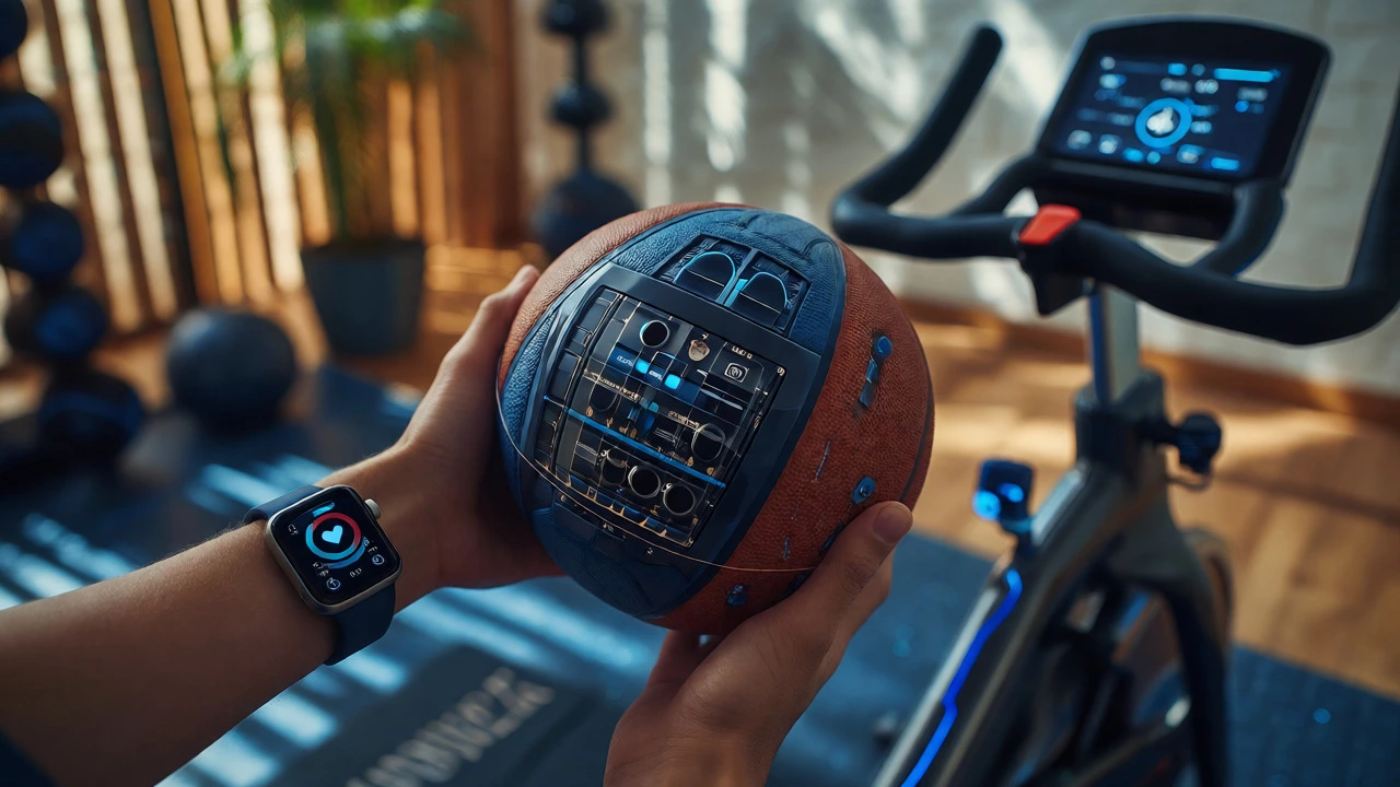 Close-up of smart basketball, wearable tech, and home gym equipment with data visuals.