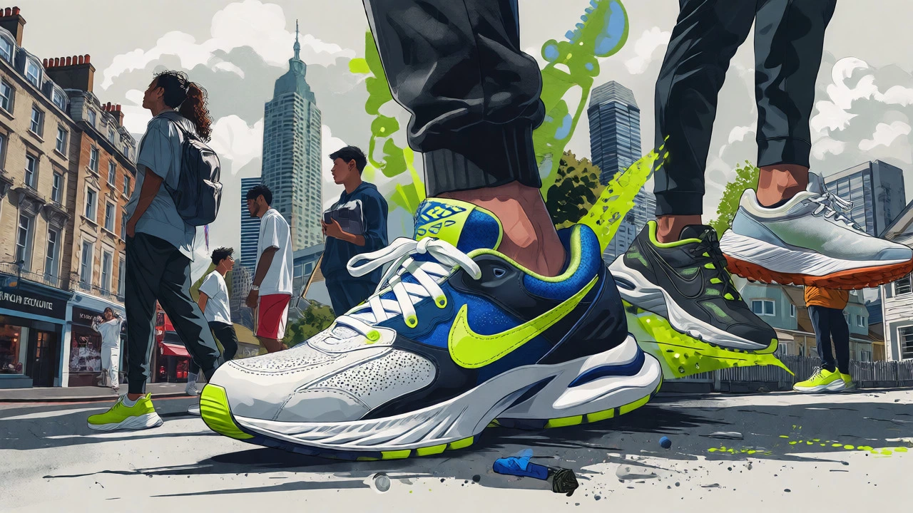 Conceptual art showing sneakers worn casually in urban settings across global cities.