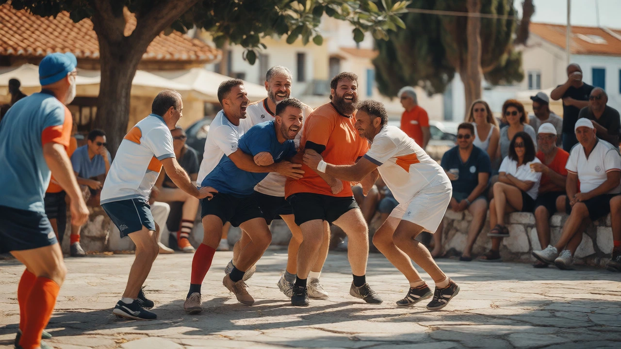 Friendly rugby match in a sunny Greek community park with spectators watching casually.