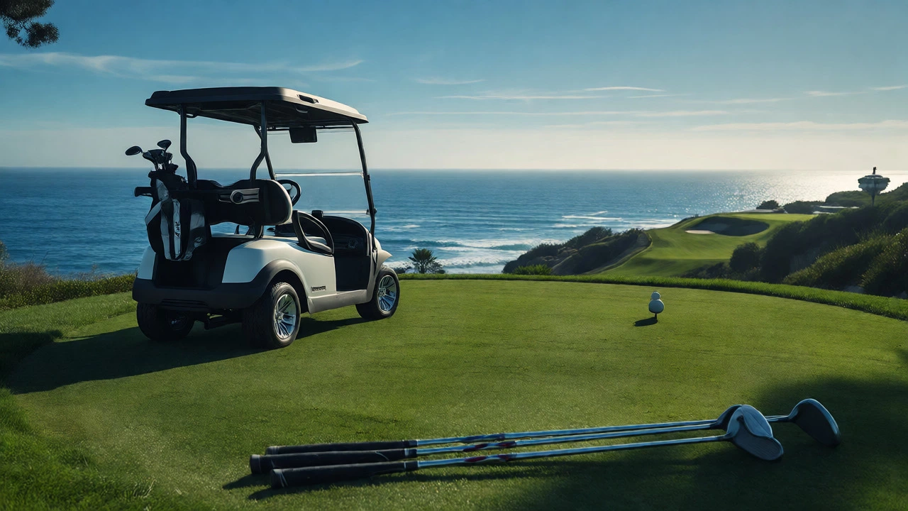 Golf clubs on tee box overlooking scenic ocean coastline