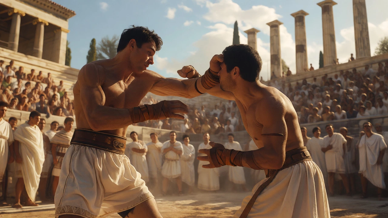 Greek boxers with leather straps competing in ancient Olympic games