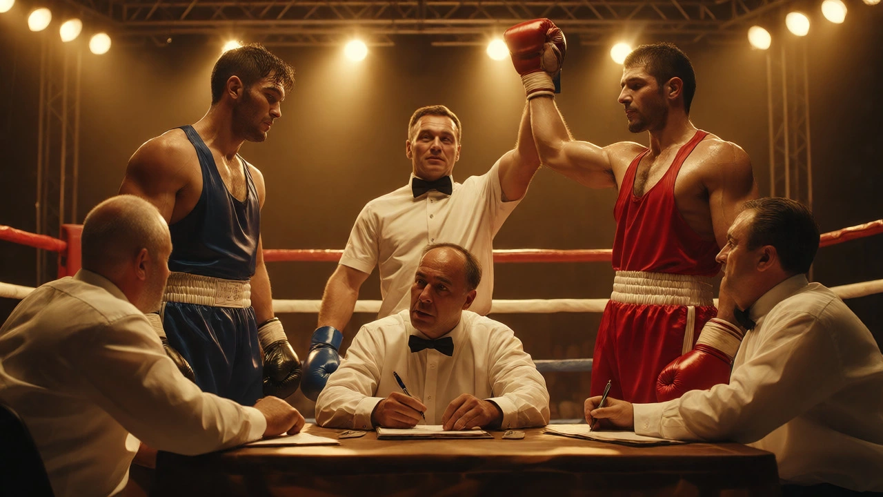 Judges scoring a bout as the referee announces the winner