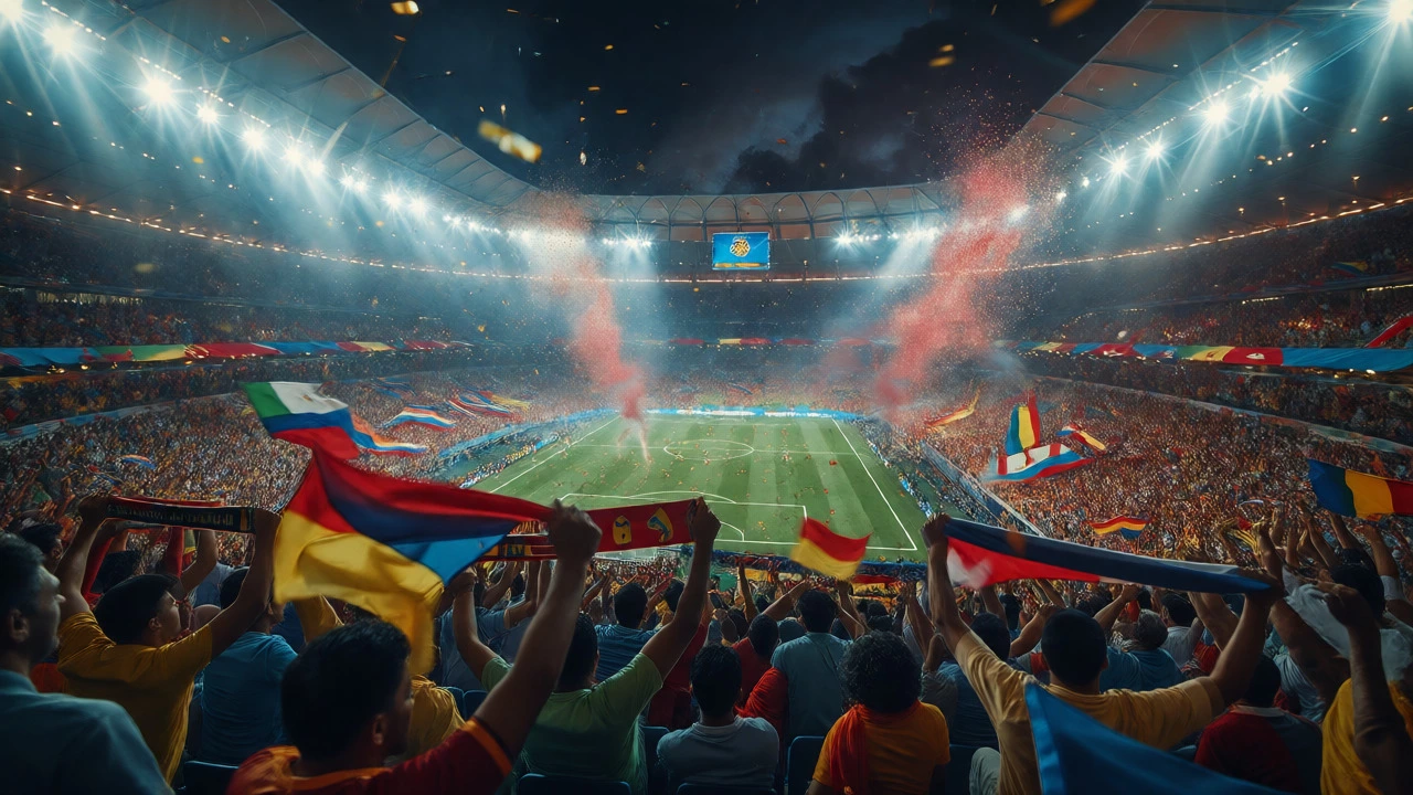 Massive crowd waving flags and celebrating inside a brightly lit football stadium.