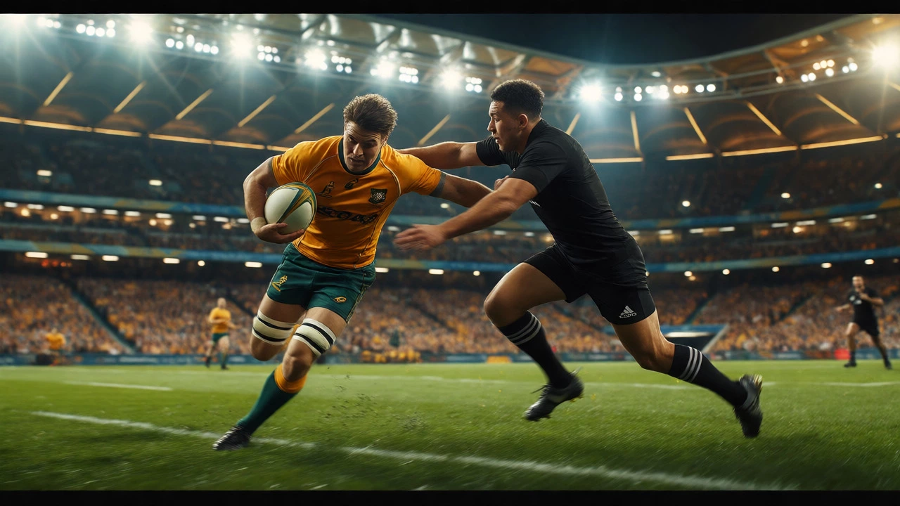 Rugby player sprinting with ball during a night match