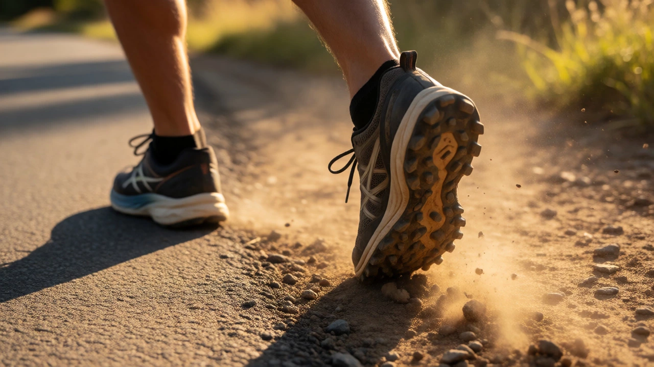 Runner's feet transitioning from road to trail showing different shoe treads