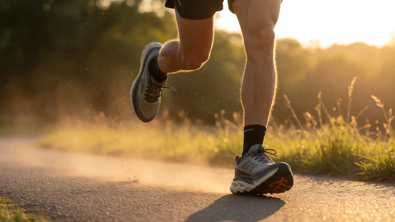 Runner jogging in Hoka Speedgoats with secure lacing at golden hour