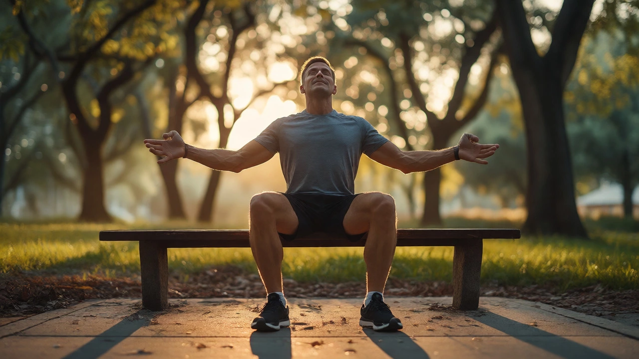 Runner sitting on a bench outdoors, moving body parts to ground himself after a workout.