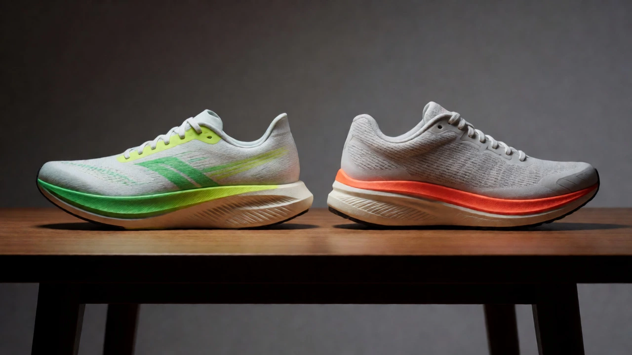 Side-by-side comparison of low-drop and high-drop running shoes
