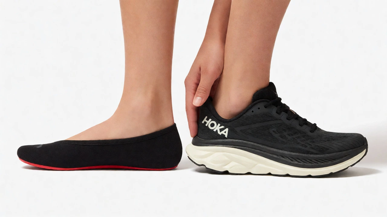 Side-by-side comparison of thin-soled shoe and Hoka Bondi on feet