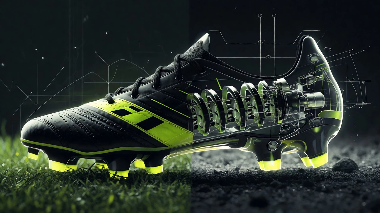 Soccer cleat cross-section showing internal spring mechanisms and studs