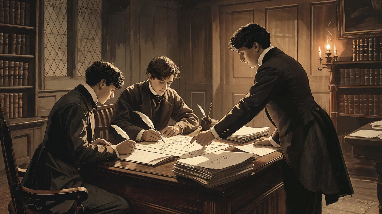 Students writing rugby rules in a candlelit Victorian study