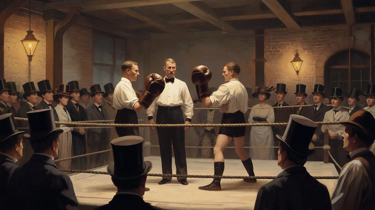 Victorian boxing match with padded gloves under gaslight in London