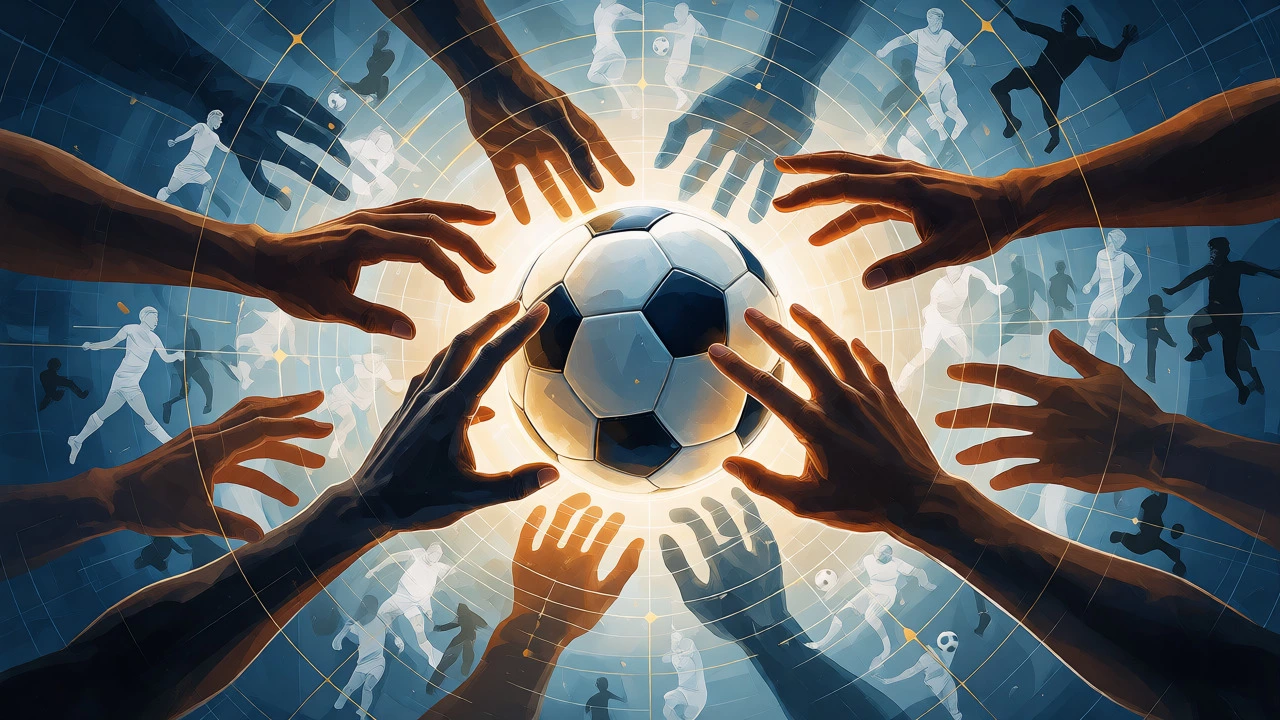 Abstract art of global hands uniting around a football