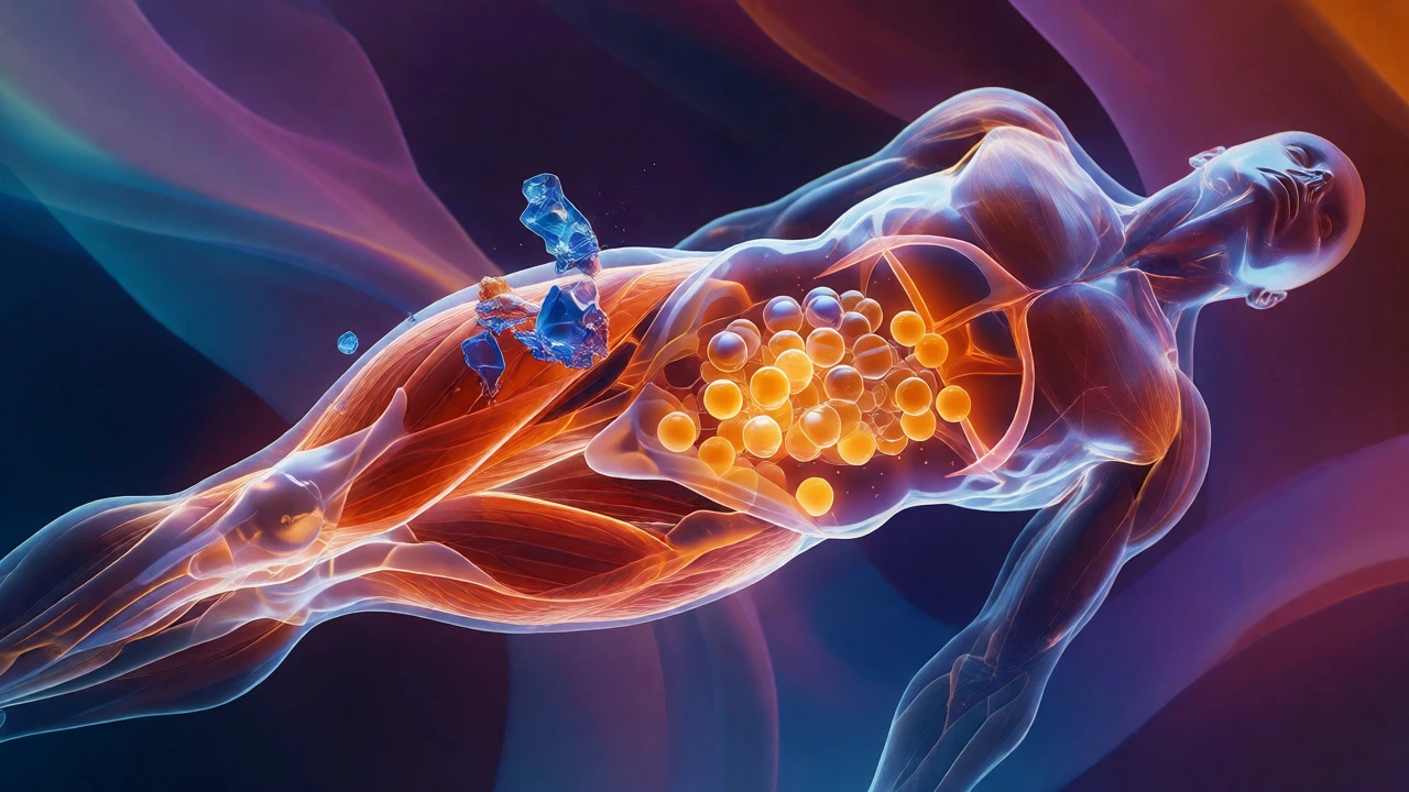 Abstract visualization of glycogen storage and muscle repair in a runner.