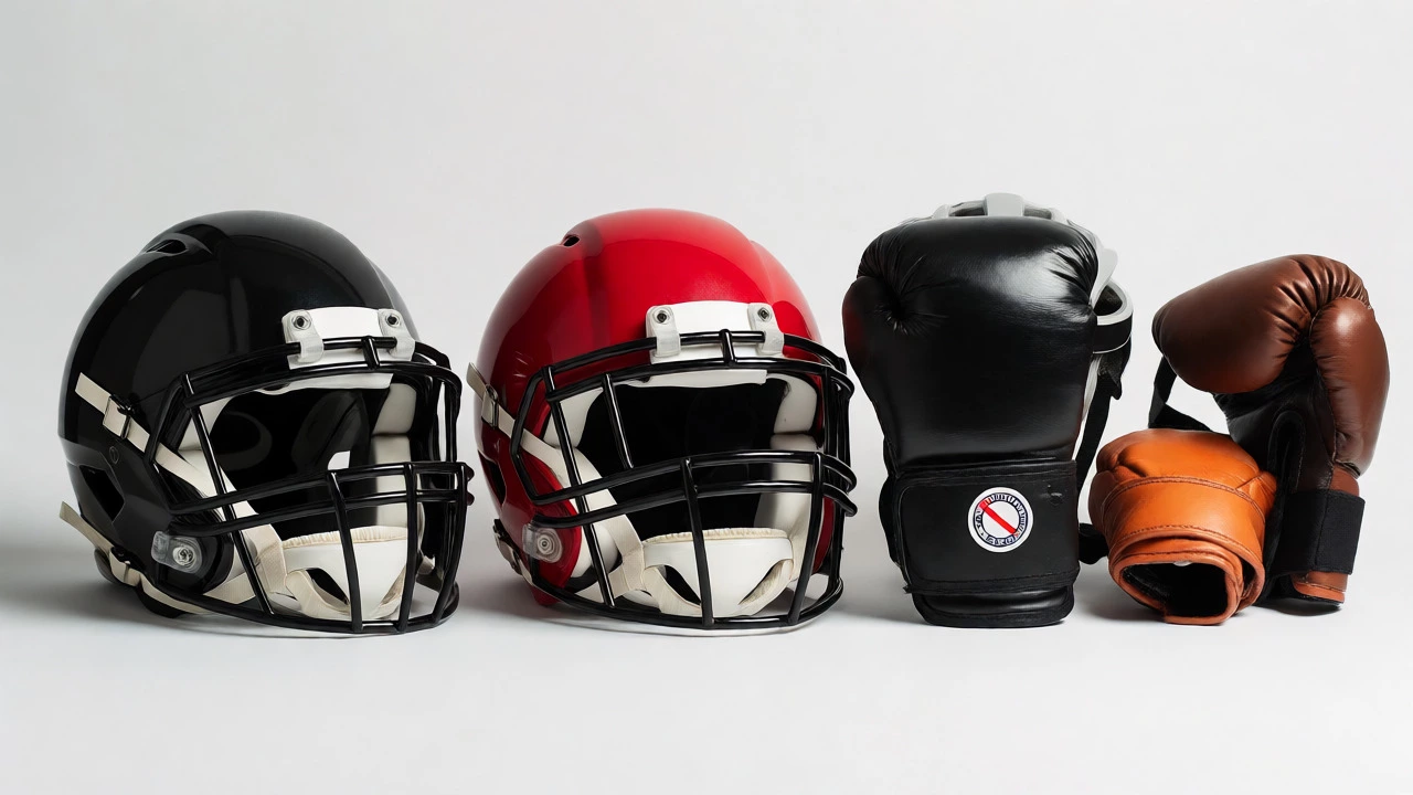 Collection of certified sports helmets and boxing gloves on a white background.