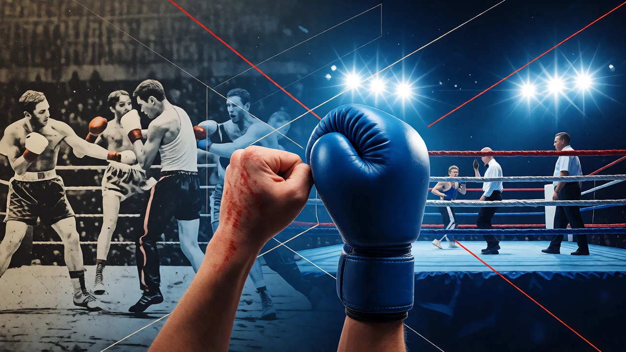 Conceptual art showing the transition from bare-knuckle fighting to modern gloved boxing.
