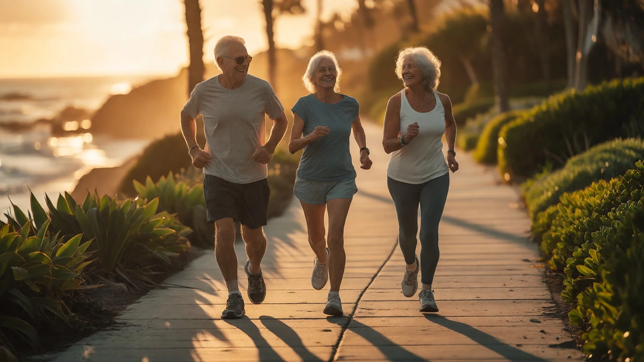 Elderly couple jogging happily by the coast