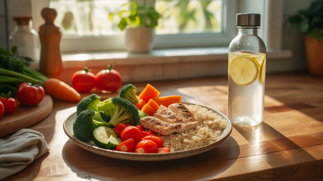 Healthy plate with vegetables, protein, grains, and lemon water