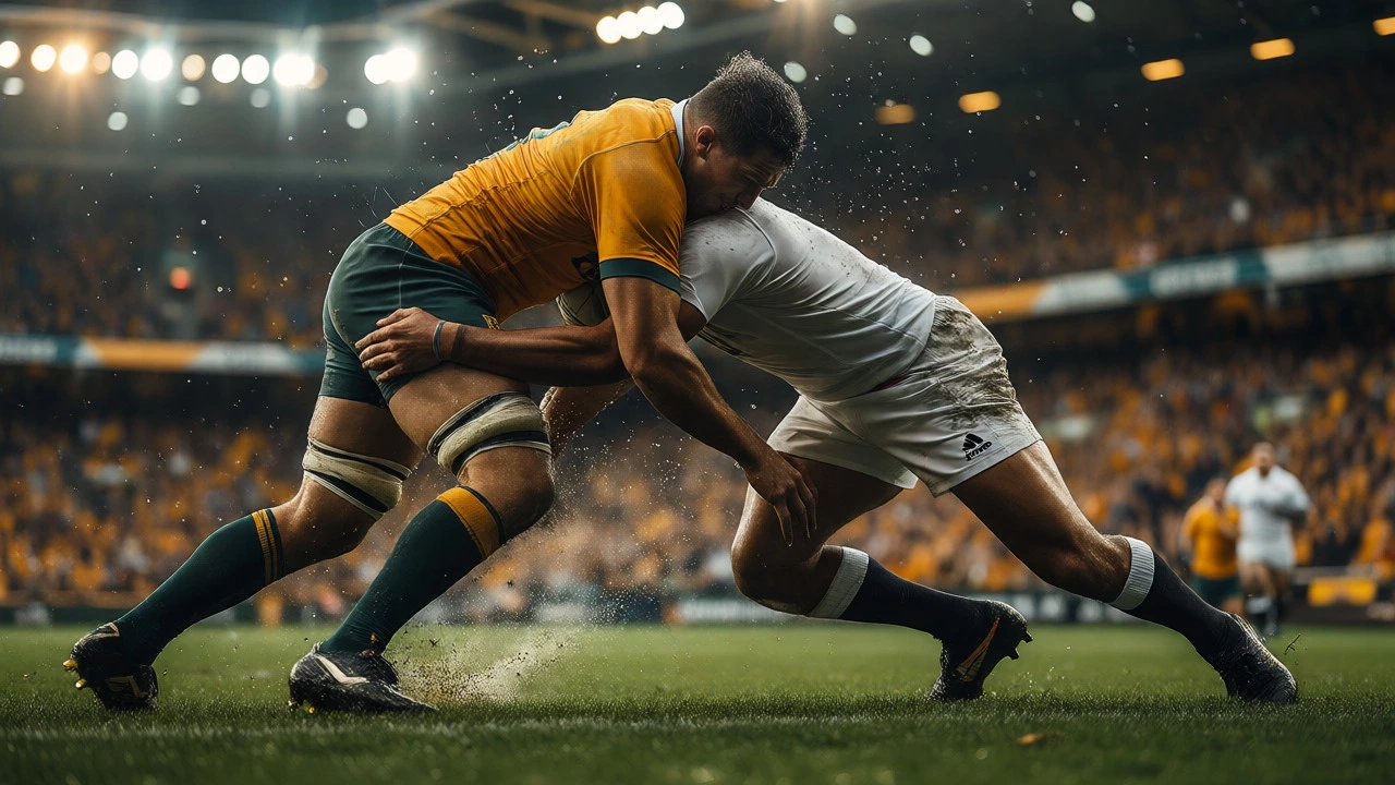 Intense rugby tackle between players on muddy field