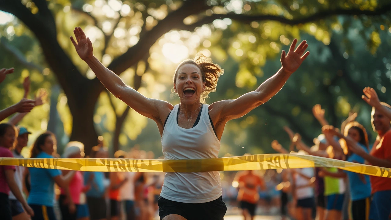 Joyful runner crossing finish line with arms raised