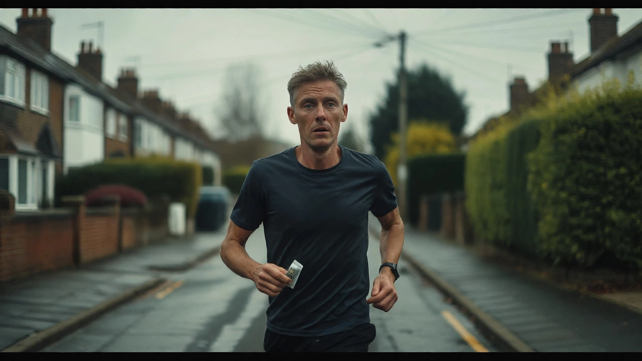 Lone runner taking an energy gel during a training run
