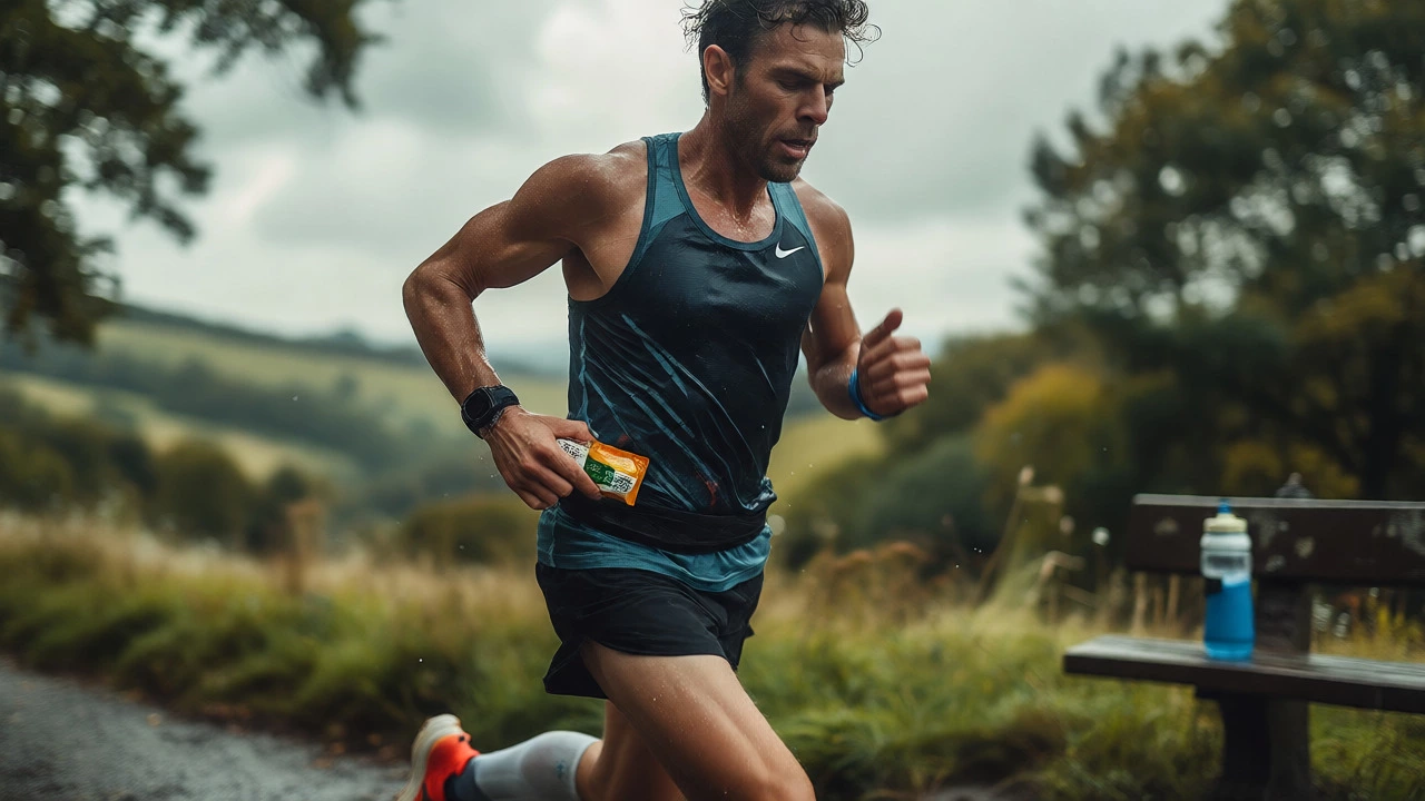 Marathon runner grabbing an energy gel during a training run on a trail.
