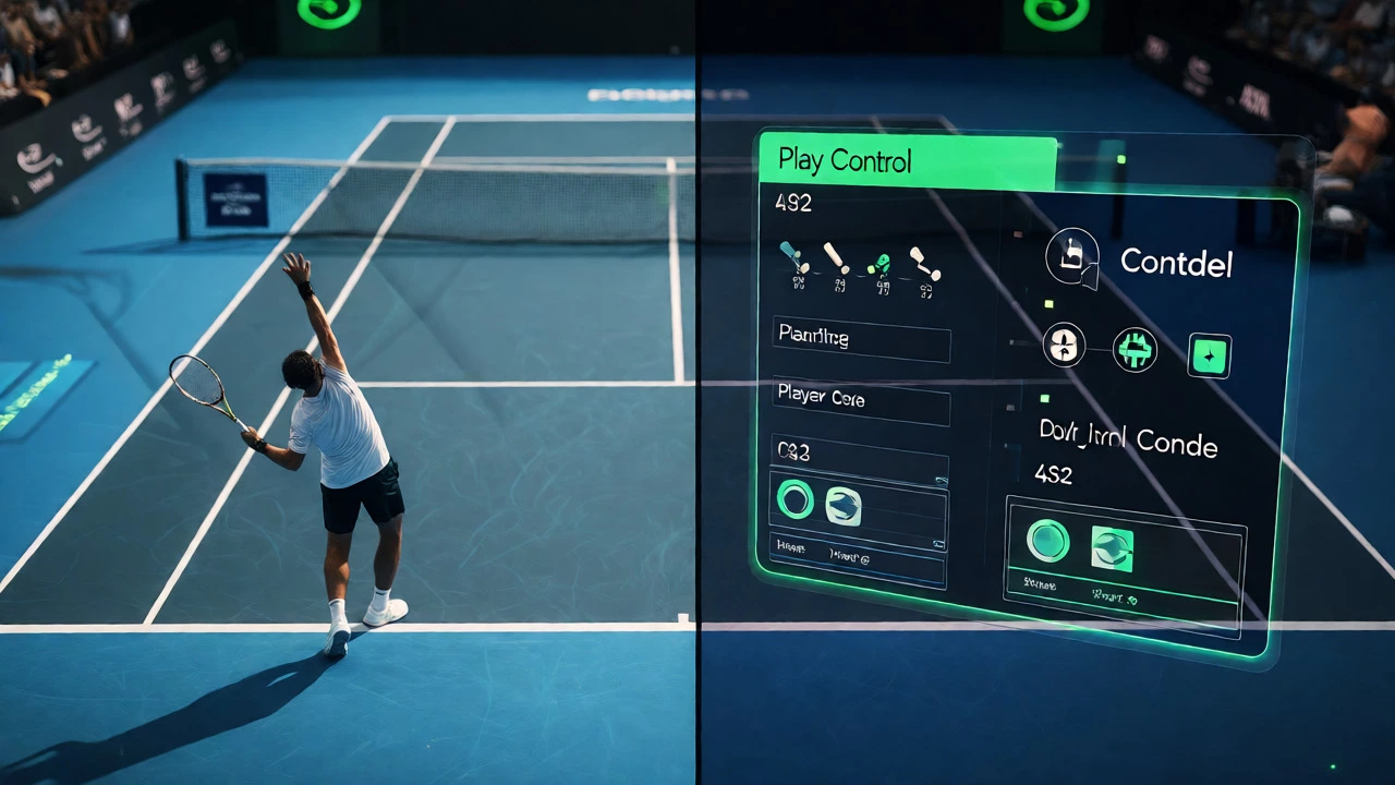 Modern digital broadcast graphics showing play control metadata over a tennis court