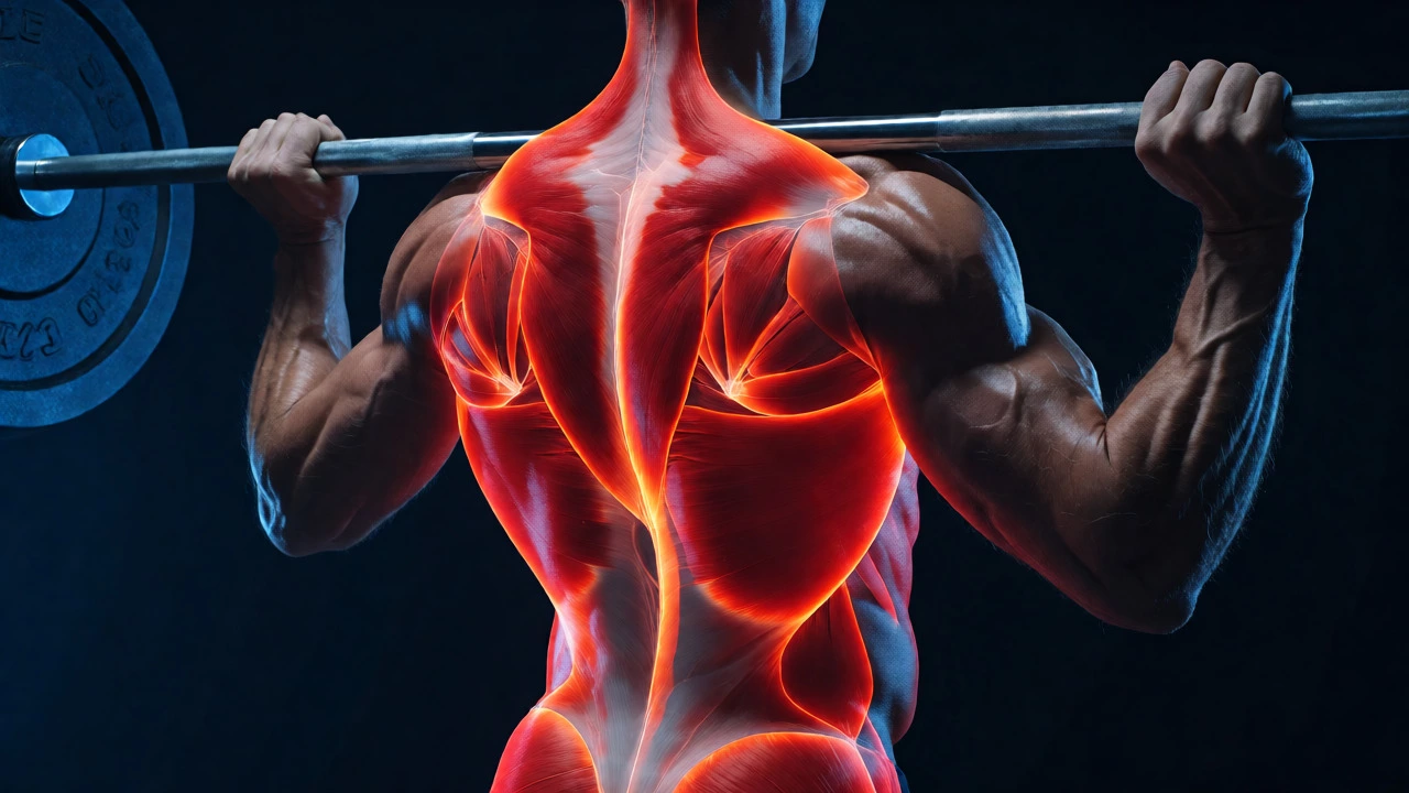 Muscular back view showing highlighted posterior chain muscles during a deadlift lockout