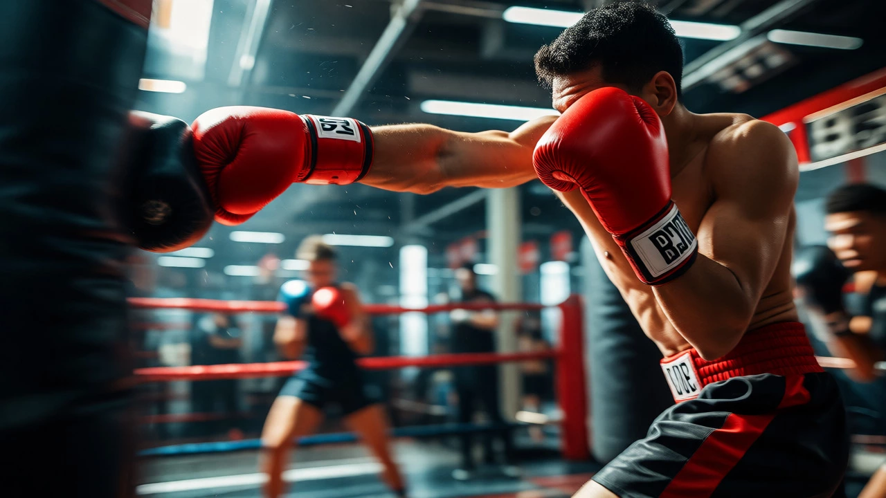 Professional boxer throwing a precise punch with red gloves in a modern gym.