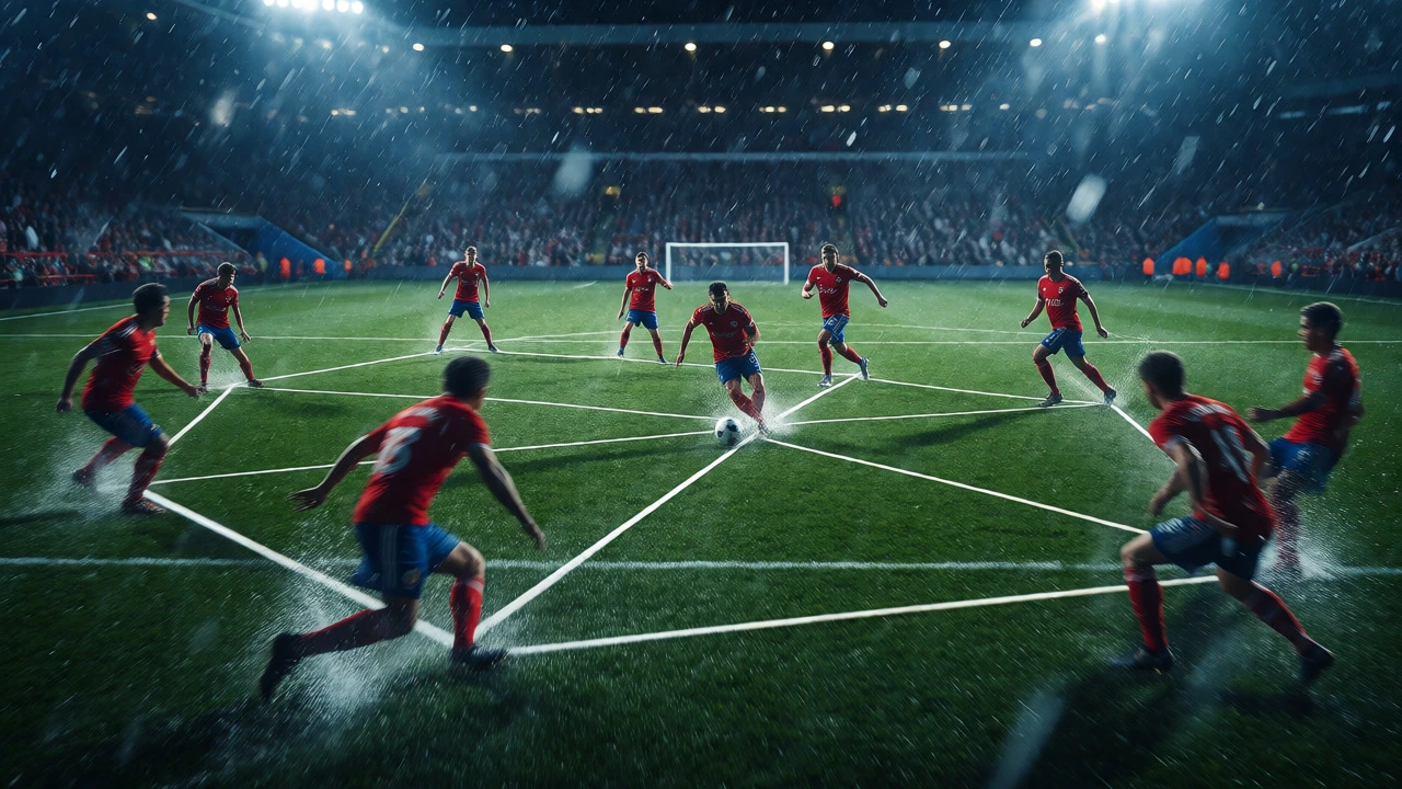 Rainy professional match showing team coordination and trust