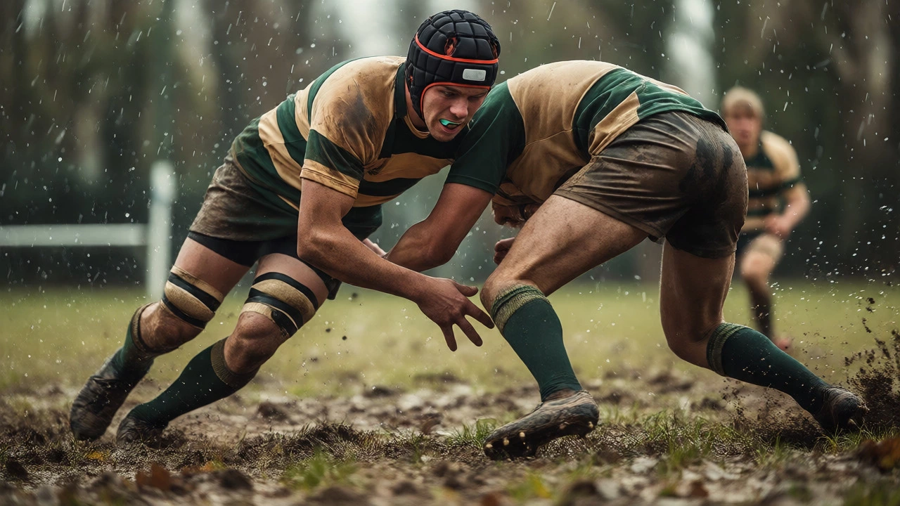 Rugby players tackling in mud wearing scrum caps and no jewelry.