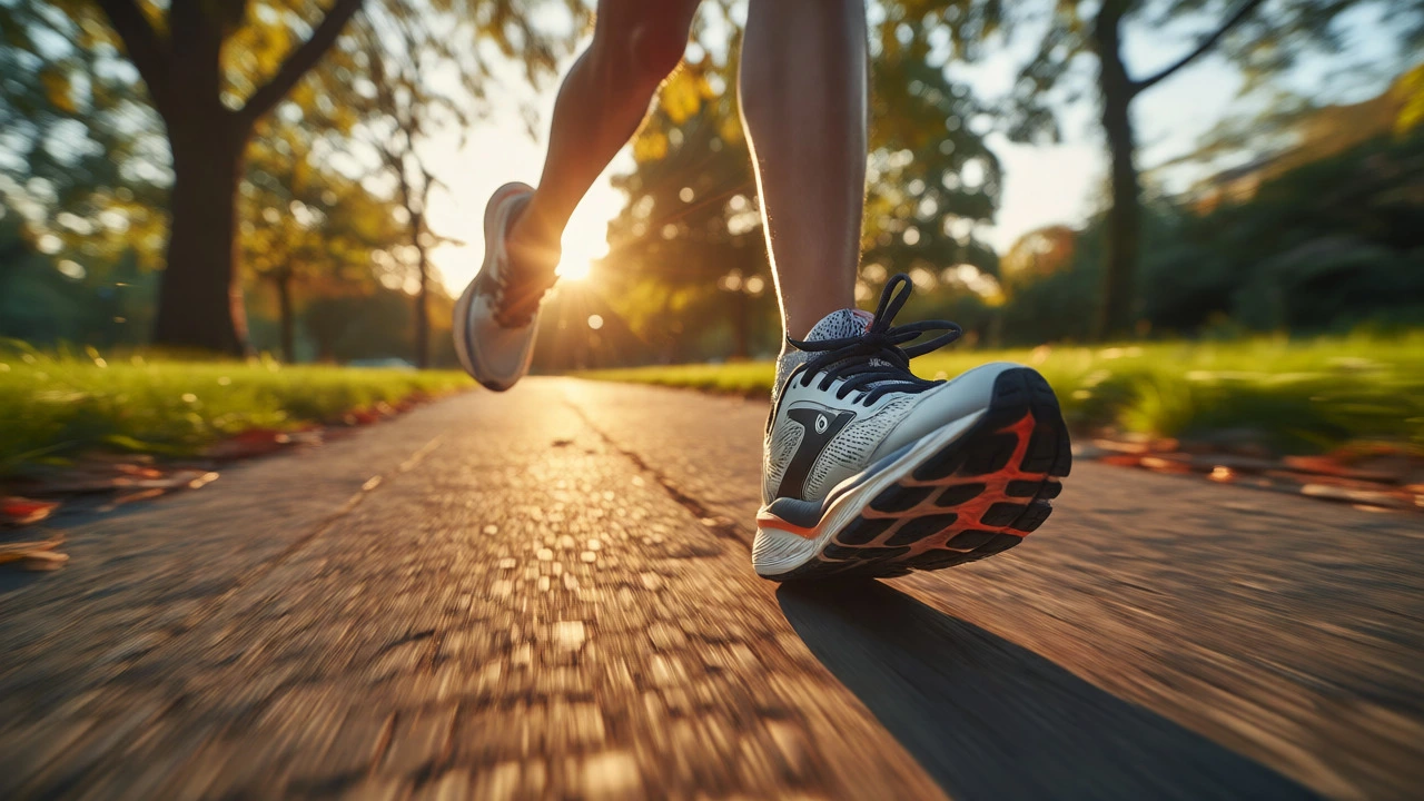 Runner's feet in Brooks shoes hitting pavement at sunset