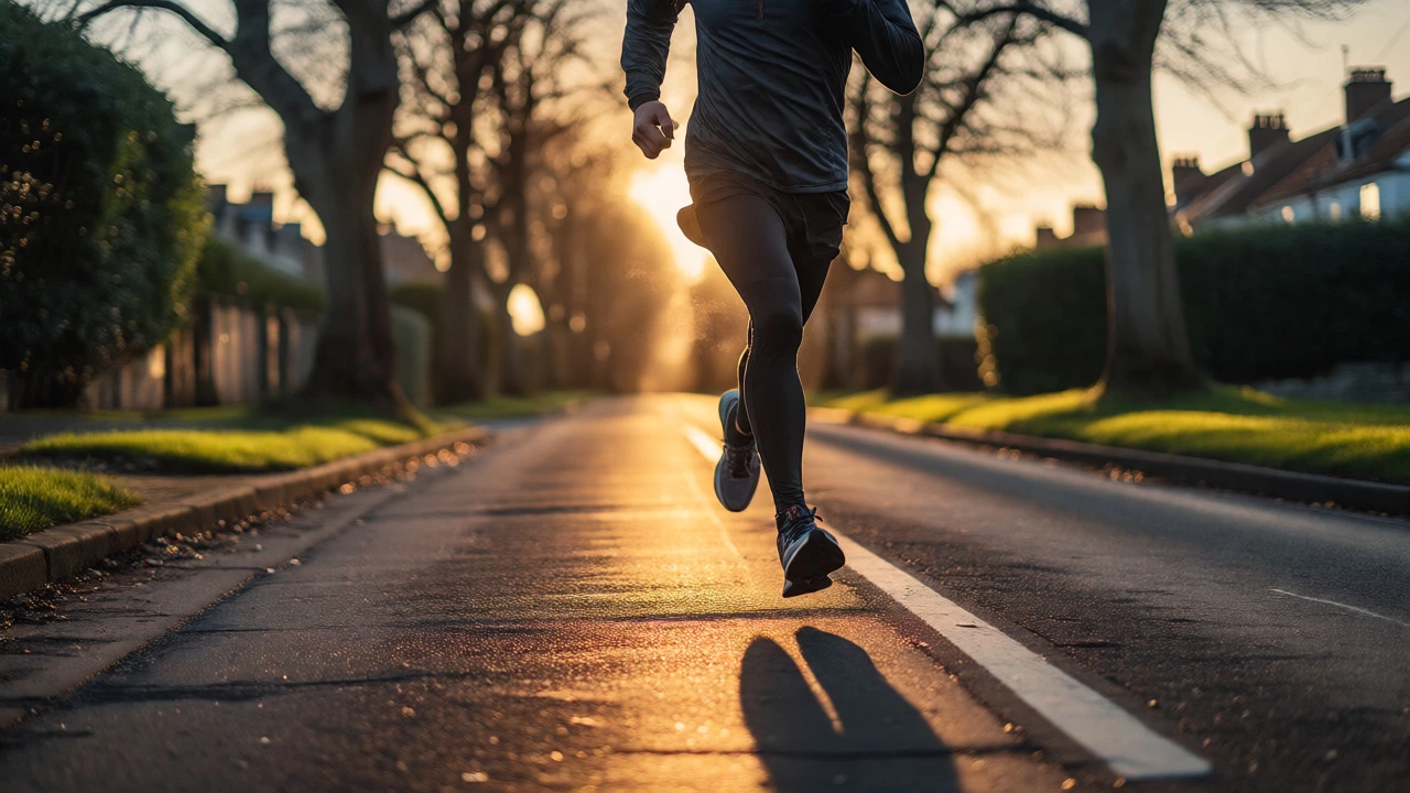 Runner exercising on a tree-lined street during golden hour