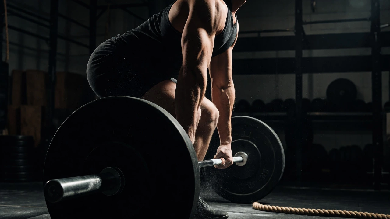 Side profile of an athlete in perfect form gripping a barbell for a deadlift