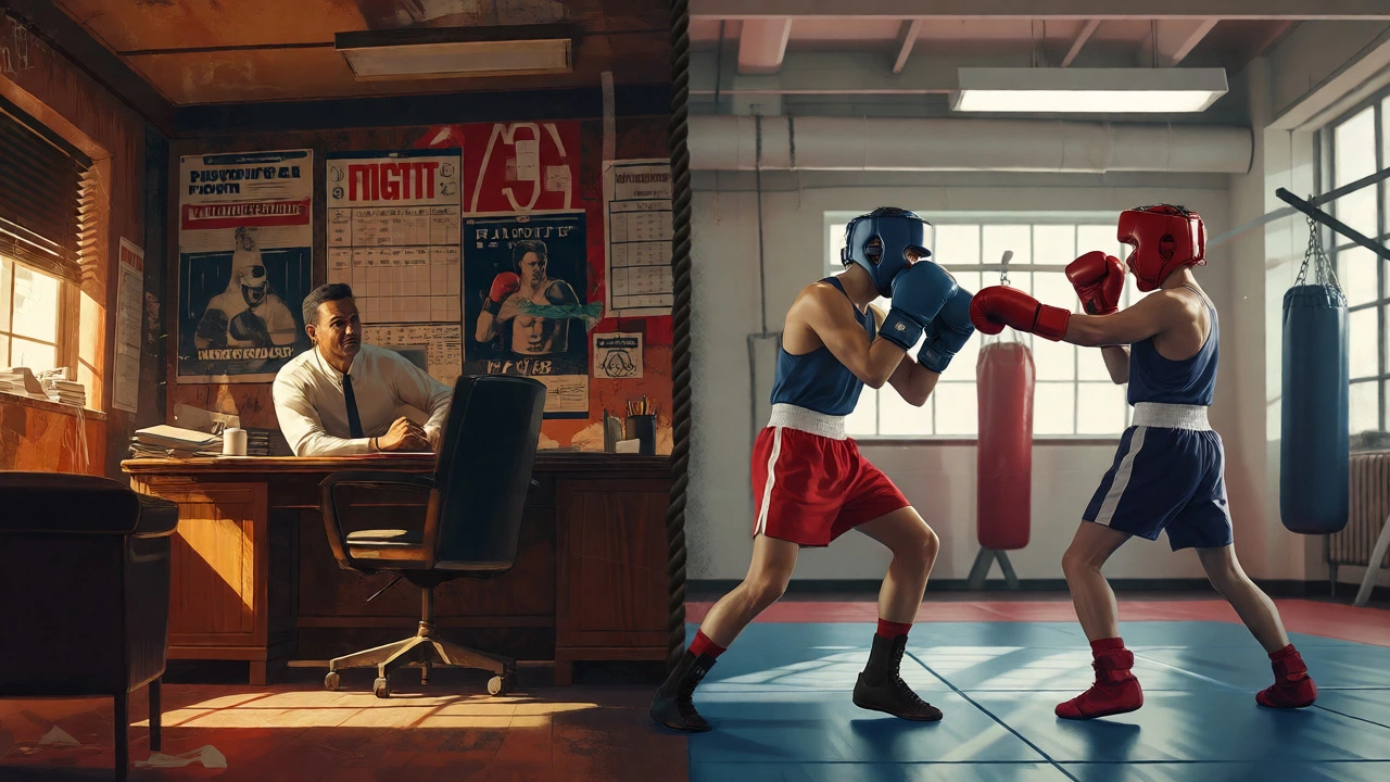 Split view showing a pro promoter's office and an amateur Olympic-style boxing gym.