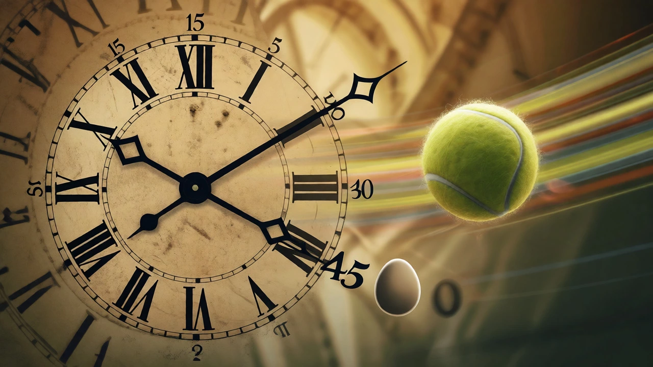 Surreal illustration linking medieval clock faces to modern tennis scoring