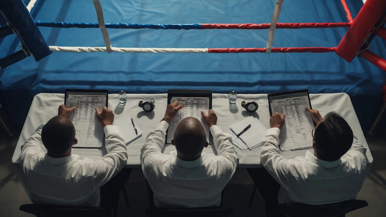 Three judges scoring a bout from their tables outside the boxing ring ropes.